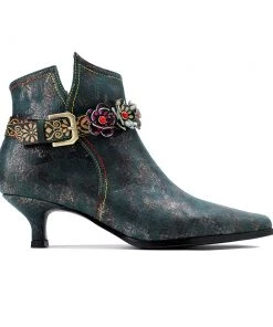 SOFFIA Genuine Leather Green Silver Wash Floral Deco Buckle Kitten Heel Ankle Boots - Women