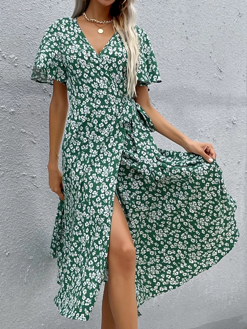 BFZY Smaibulun | White Daisy Print Midi Dress - Green 2 BFZY Smaibulun | White Daisy Print Midi Dress - Green