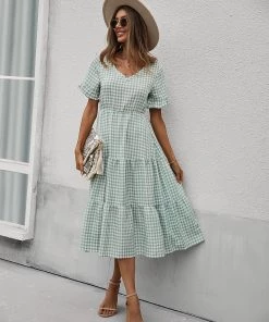 DY SHASTA Gingham Midi Dress - Green