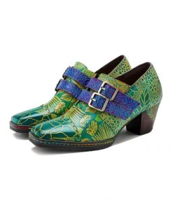 New In Shoes SOFFIA | Genuine Leather Floral Embossed Double Strap Low Heel Monks Oxford Shoes