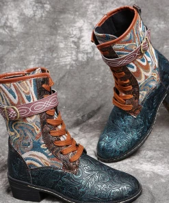 YL New In Shoes En Bloom | Embossed Aboriginal Art Print Ankle Flat Combat Boots - Green