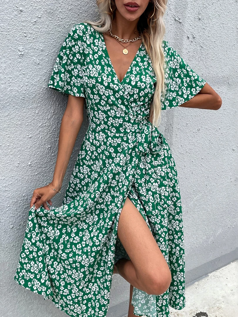 BFZY Smaibulun | White Daisy Print Midi Dress - Green 3 BFZY Smaibulun | White Daisy Print Midi Dress - Green