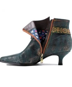 SOFFIA Genuine Leather Green Silver Wash Floral Deco Buckle Kitten Heel Ankle Boots - Women