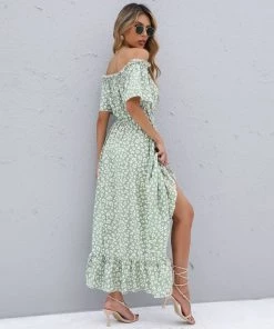 BFZY Smaibulun | Green Daisy Floral Off Shoulder Midi Dress NEW ARRIVALS