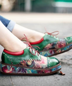 SOFFIA | Genuine Leather Brush Craft Emerald Art Floral Oxford Shoes NEW ARRIVALS