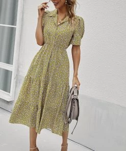 DY CLAUDIA MIDI DRESS - GREEN PRINT New In Clothing