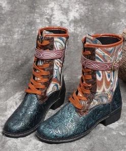 YL New In Shoes En Bloom | Embossed Aboriginal Art Print Ankle Flat Combat Boots - Green