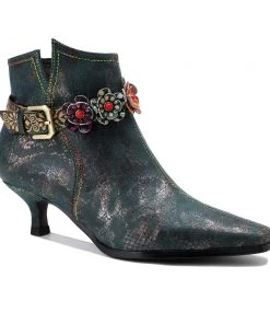 SOFFIA Genuine Leather Green Silver Wash Floral Deco Buckle Kitten Heel Ankle Boots - Women