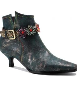 SOFFIA |Green Washed Floral Deco Genuine Leather Bootie Kitten Heel Ankle Boots