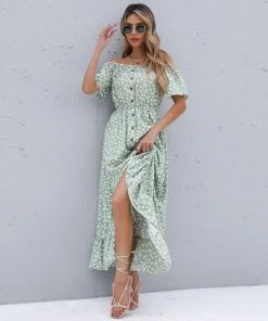 BFZY Smaibulun | Green Daisy Floral Off Shoulder Midi Dress NEW ARRIVALS