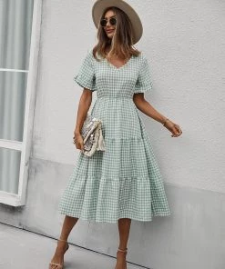 DY SHASTA Gingham Midi Dress - Green