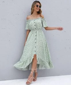 BFZY Smaibulun | Green Daisy Floral Off Shoulder Midi Dress NEW ARRIVALS