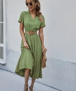 DY New In Clothing EMILY Front Button Midi Dress - Pickle