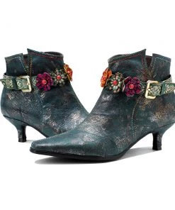 SOFFIA Genuine Leather Green Silver Wash Floral Deco Buckle Kitten Heel Ankle Boots - Women
