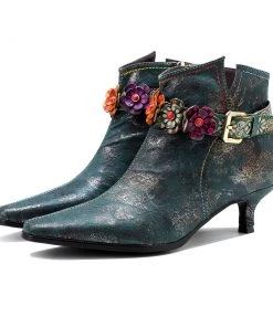 SOFFIA Genuine Leather Green Silver Wash Floral Deco Buckle Kitten Heel Ankle Boots - Women
