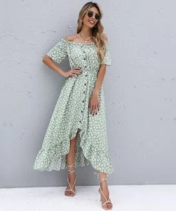 BFZY Smaibulun | Green Daisy Floral Off Shoulder Midi Dress NEW ARRIVALS