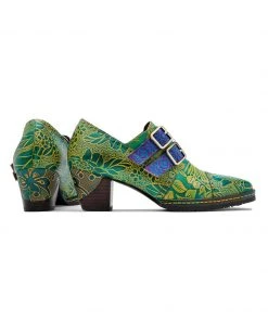 New In Shoes SOFFIA | Genuine Leather Floral Embossed Double Strap Low Heel Monks Oxford Shoes