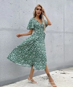 BFZY Smaibulun | White Daisy Print Midi Dress - Green 16 BFZY Smaibulun | White Daisy Print Midi Dress - Green