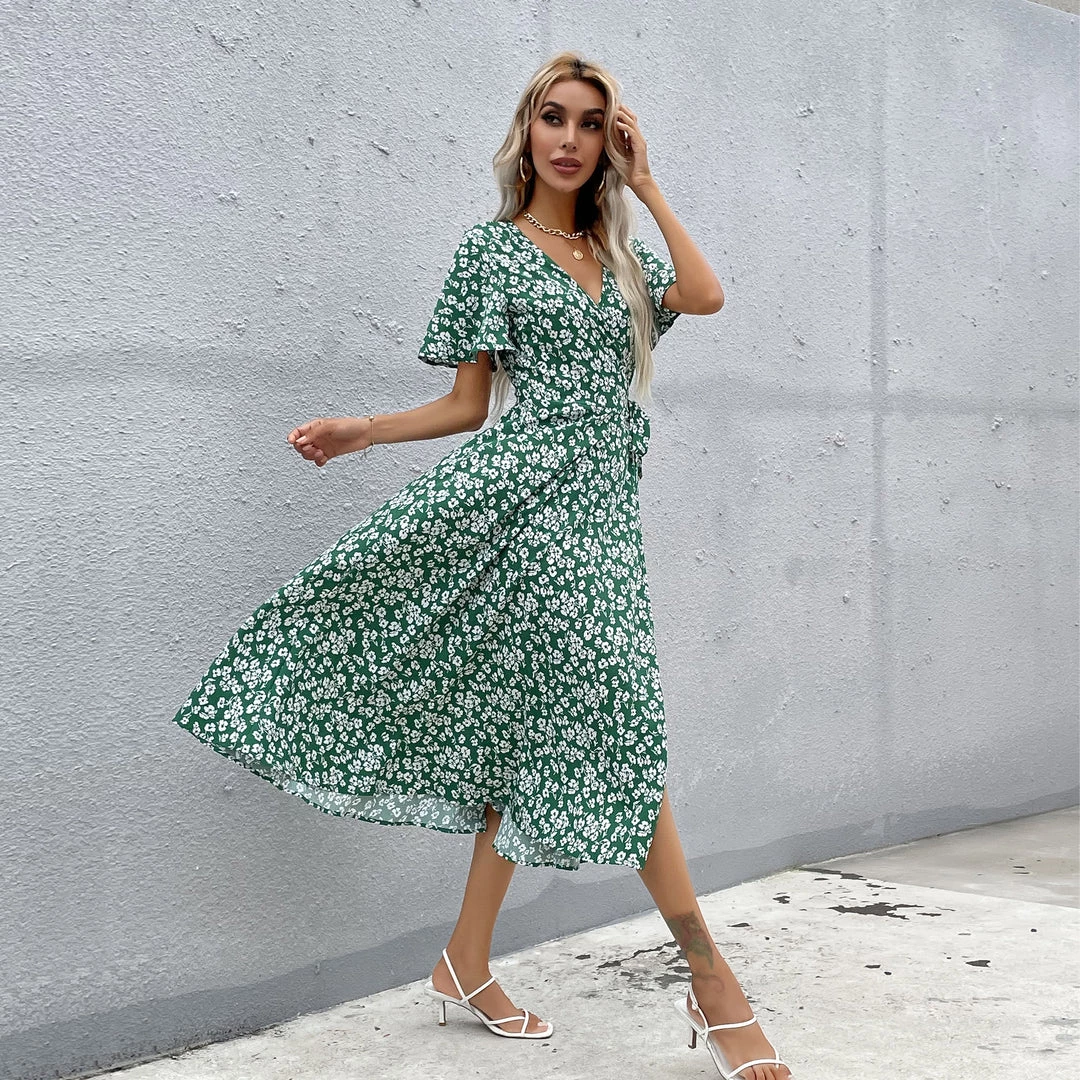 BFZY Smaibulun | White Daisy Print Midi Dress - Green 7 BFZY Smaibulun | White Daisy Print Midi Dress - Green