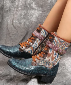 YL New In Shoes En Bloom | Embossed Aboriginal Art Print Ankle Flat Combat Boots - Green