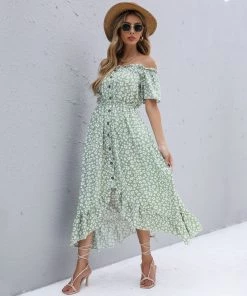 BFZY Smaibulun | Green Daisy Floral Off Shoulder Midi Dress NEW ARRIVALS