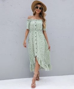 BFZY Smaibulun | Green Daisy Floral Off Shoulder Midi Dress NEW ARRIVALS