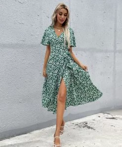 BFZY Smaibulun | White Daisy Print Midi Dress - Green 17 BFZY Smaibulun | White Daisy Print Midi Dress - Green