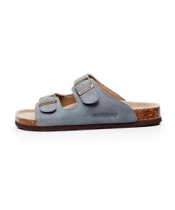 GLF NEW ARRIVALS Maibulun | Grey Double-Buckle Wide-Strap Suede Leather Sandals