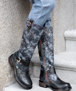 SOFFIA | Genuine Leather Grey Wrinkled ILIYAH Accent Leather Knee High Riding Flat Boots