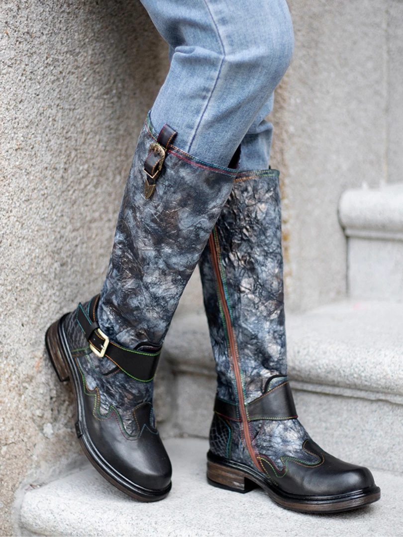 SOFFIA | Genuine Leather Grey Wrinkled ILIYAH Accent Leather Knee High Riding Flat Boots 1 SOFFIA | Genuine Leather Grey Wrinkled ILIYAH Accent Leather Knee High Riding Flat Boots