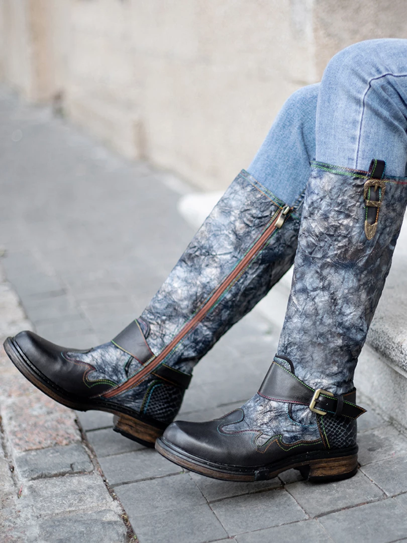 SOFFIA | Genuine Leather Grey Wrinkled ILIYAH Accent Leather Knee High Riding Flat Boots 3 SOFFIA | Genuine Leather Grey Wrinkled ILIYAH Accent Leather Knee High Riding Flat Boots