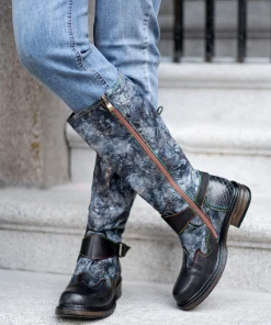 SOFFIA | Genuine Leather Grey Wrinkled ILIYAH Accent Leather Knee High Riding Flat Boots