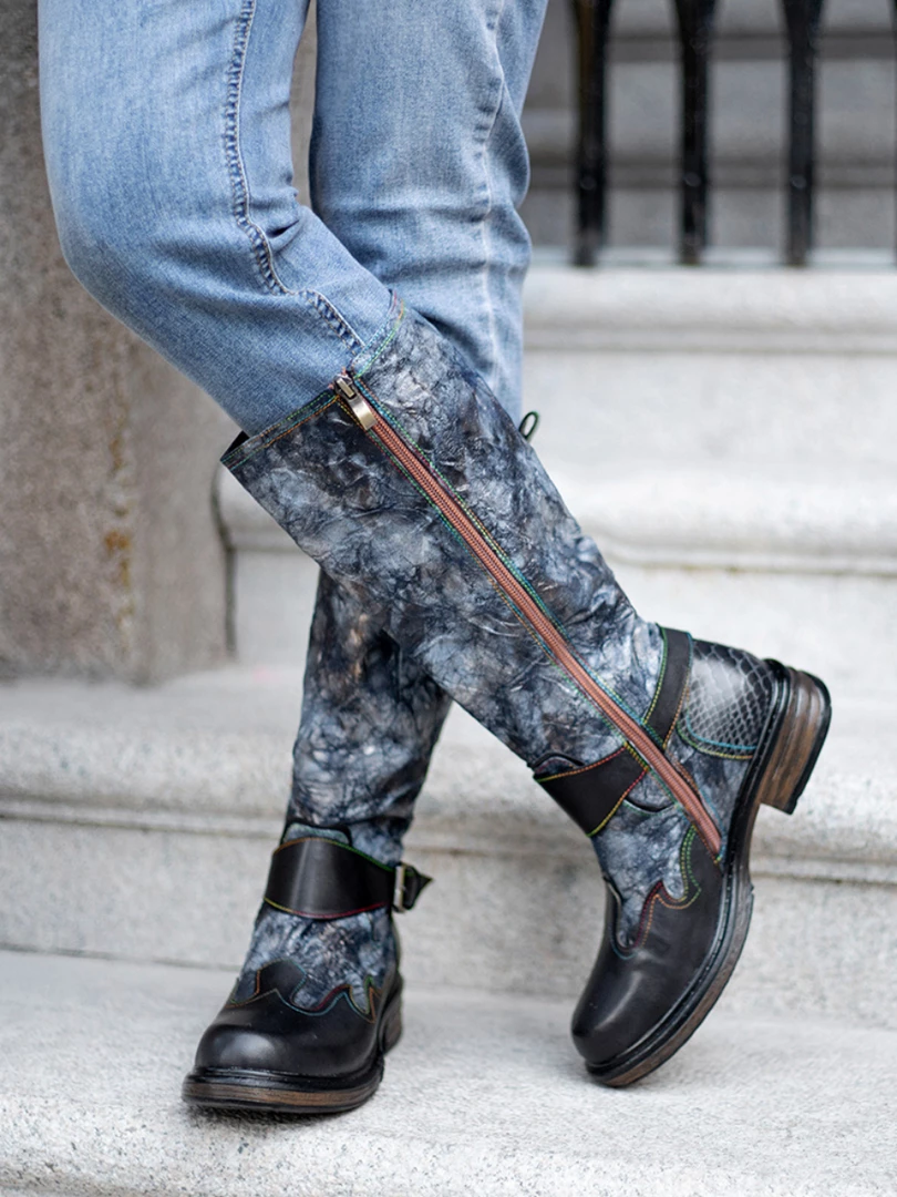 SOFFIA | Genuine Leather Grey Wrinkled ILIYAH Accent Leather Knee High Riding Flat Boots 2 SOFFIA | Genuine Leather Grey Wrinkled ILIYAH Accent Leather Knee High Riding Flat Boots