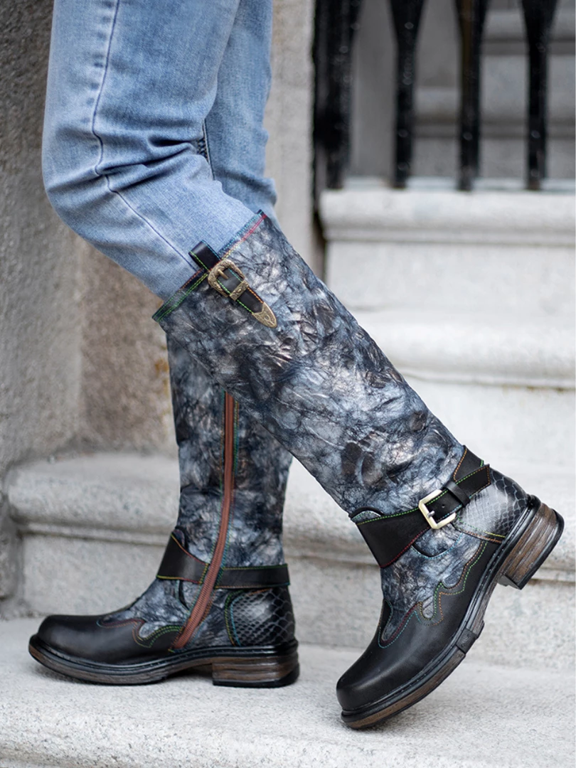 SOFFIA | Genuine Leather Grey Wrinkled ILIYAH Accent Leather Knee High Riding Flat Boots 4 SOFFIA | Genuine Leather Grey Wrinkled ILIYAH Accent Leather Knee High Riding Flat Boots