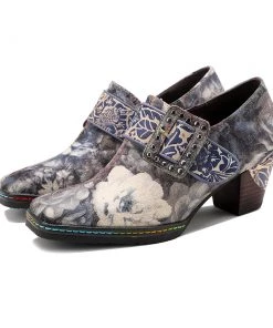 New In Shoes SOFFIA | Grey Embossed Floral Buckle Genuine Leather Bootie Mid Heel Loafers