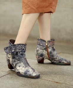 SOFFIA | Grey Floral Buckle Leather Moto Ankle Boots S/S 2022