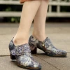 New In Shoes SOFFIA | Grey Embossed Floral Buckle Genuine Leather Bootie Mid Heel Loafers