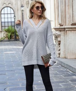 MY Smaibulun | COLENA Ash Grey Cut Out V-neck Pullover New In Clothing