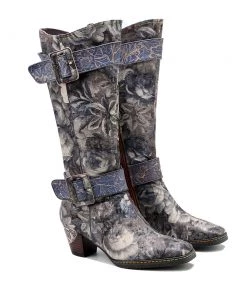 NEW ARRIVALS Genuine Leather Stripe & Smoke Floral Buckle Knight Heel Knee Boots- SOFFIA