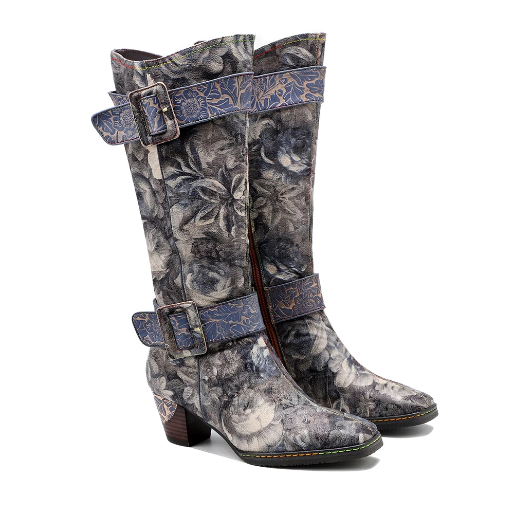 NEW ARRIVALS Genuine Leather Stripe & Smoke Floral Buckle Knight Heel Knee Boots- SOFFIA 1 NEW ARRIVALS Genuine Leather Stripe & Smoke Floral Buckle Knight Heel Knee Boots- SOFFIA