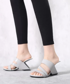 Jady Rose NEW ARRIVALS JadyRose | Grey Cross Strap Leather Wedge Slides