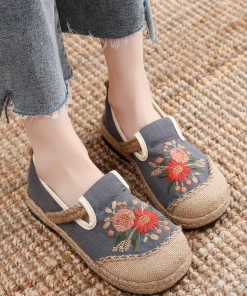 TC New In Shoes Cactus Rose | Double Kiss Floral Embroidered Linen Espadrilles - Grey