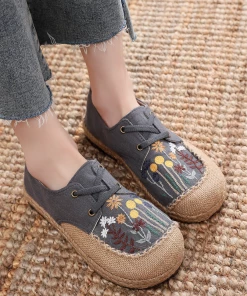 TC New In Shoes Cactus Rose | Garden Embroidered Linen Boat Shoes Espadrilles - Grey