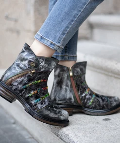 SOFFIA | Rainbow Stitch Lily Embossed Genuine Leather Ankle Boots NEW ARRIVALS