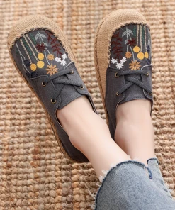 TC New In Shoes Cactus Rose | Garden Embroidered Linen Boat Shoes Espadrilles - Grey