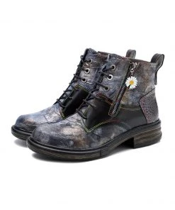New In Shoes SOFFIA | Genuine Leather Grey Tie Dye Distress-Contrast Combat Boots