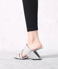 Jady Rose NEW ARRIVALS JadyRose | Grey Cross Strap Leather Wedge Slides