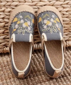 TC New In Shoes Cactus Rose | Field Corn Embroidered Linen Round Toe Espadrilles Loafers - Grey