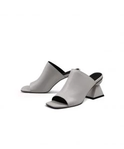 Jady Rose JadyRose | Triangular-Crystal Mid Heel Leather Open Toe Mules Sandals