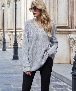 MY Smaibulun | COLENA Ash Grey Cut Out V-neck Pullover New In Clothing